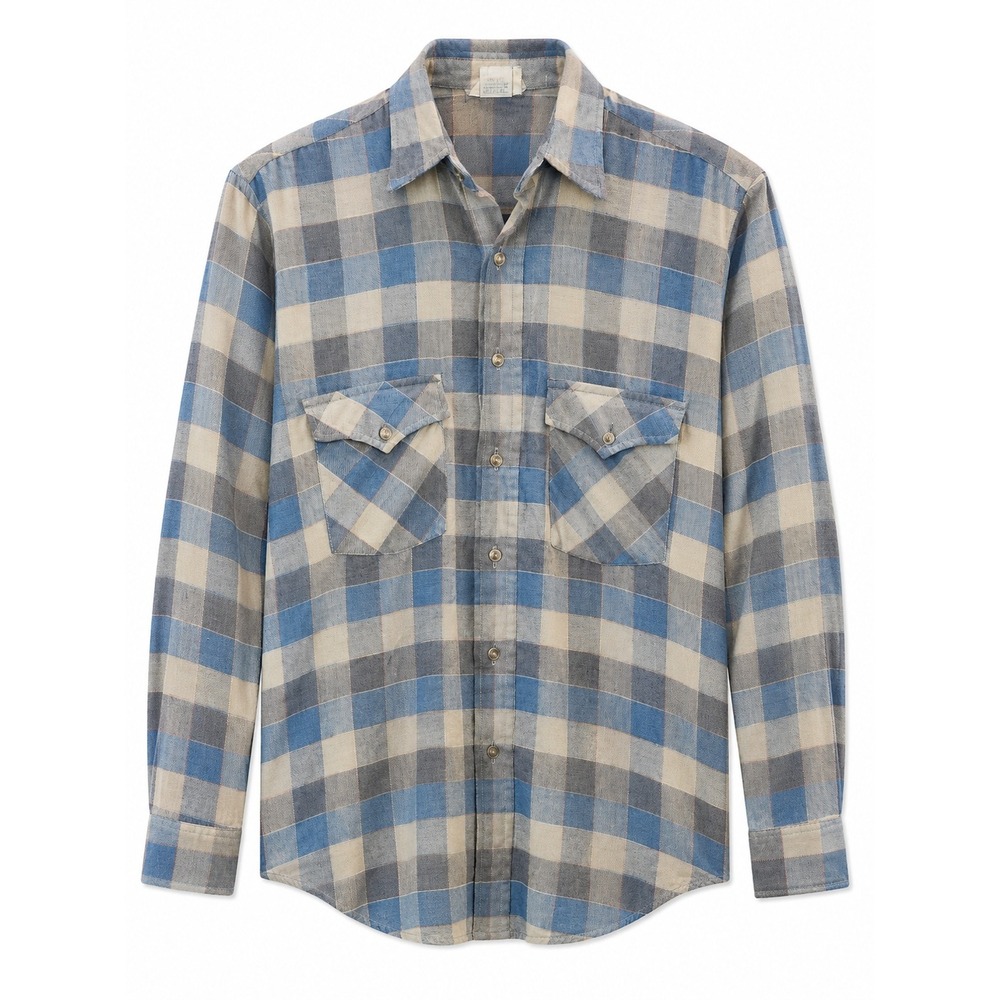 Vintage 80s Frontier Blue Tan Plaid Flap Pocket Button Up Shirt Men's Small